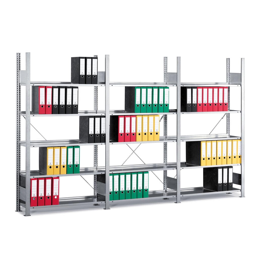 Produktabbildung: META Aktenregal AF, einseitig, ohne Abdeckboden, FL 80 kg, verzinkt, HxBxT 1.850 x 750 x 300 mm