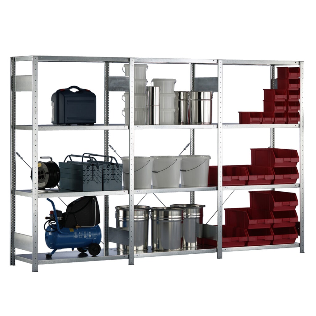 META Komplettpaket Fachbodenregal verzinkt, Fachlast 150 kg, HxBxT 2.000 x 3.068 x 436 mm Produktabbildung: META Komplettpaket Fachbodenregal verzinkt, Fachlast 150 kg, HxBxT 2.000 x 3.068 x 436 mm
