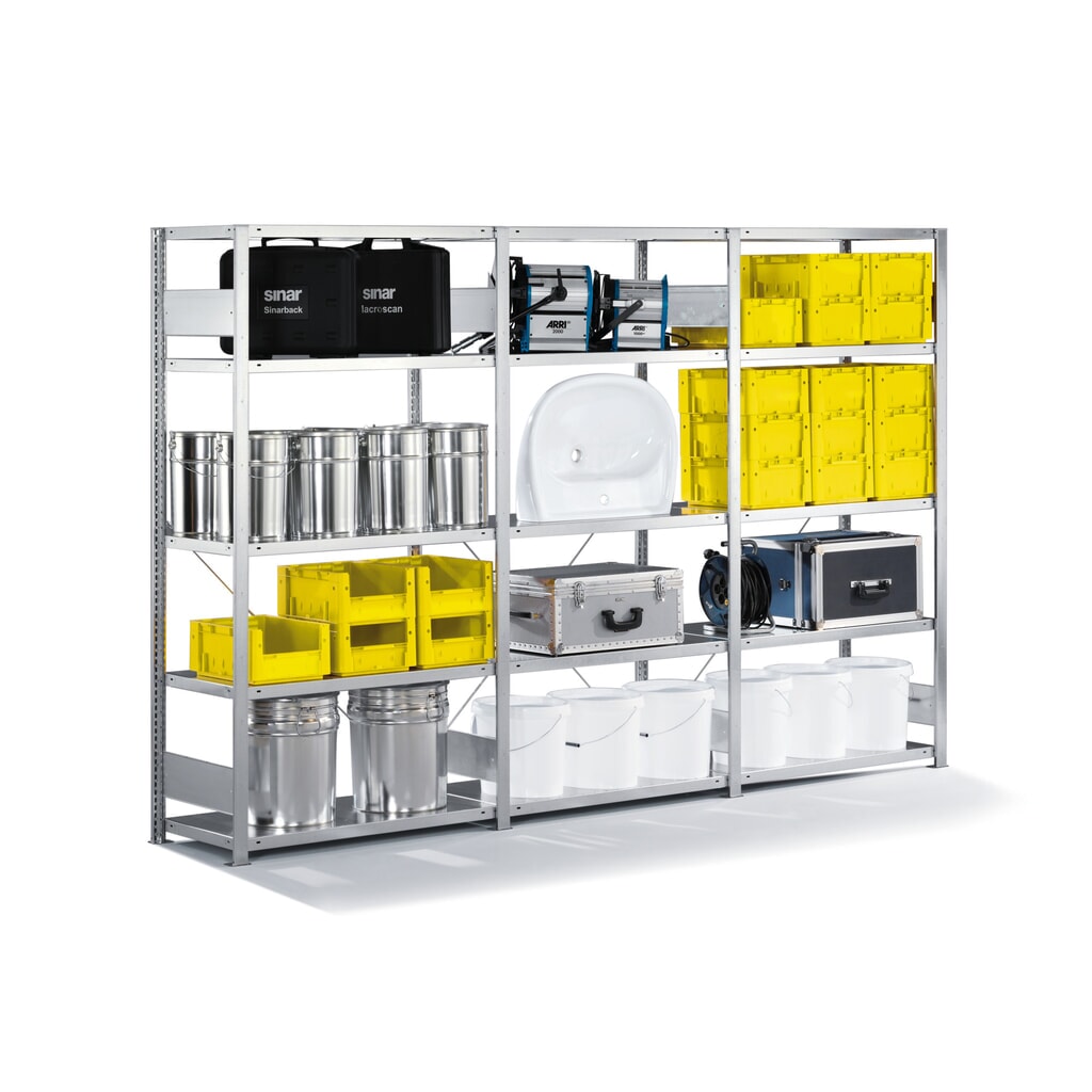 META Komplettpaket Fachbodenregal verzinkt, Fachlast 230 kg, HxBxT 2.000 x 3.068 x 536 mm Produktabbildung: META Komplettpaket Fachbodenregal verzinkt, Fachlast 230 kg, HxBxT 2.000 x 3.068 x 536 mm