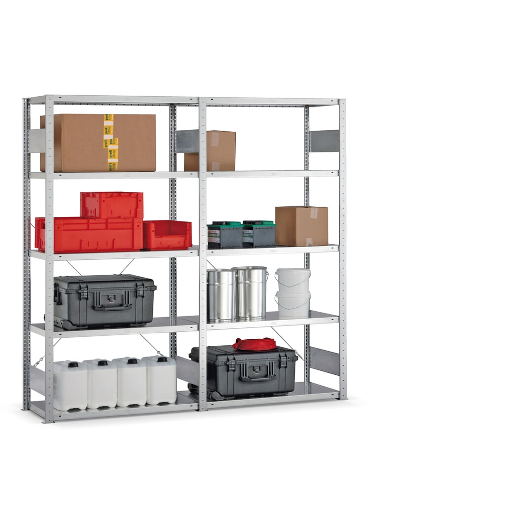 META Komplettpaket Fachbodenregal verzinkt, Fachlast 150 kg, HxBxT 2.000 x 2.062 x 336 mm Produktabbildung: META Komplettpaket Fachbodenregal verzinkt, Fachlast 150 kg, HxBxT 2.000 x 2.062 x 336 mm