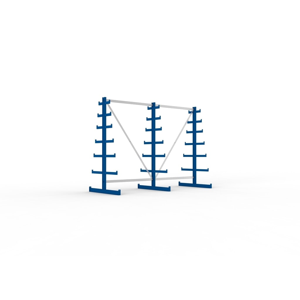META Komplettpaket Kragarmregal, doppelseitig, Tragkraft pro Arm 150 kg, HxBxT 2.000 x 2.755 x 1.090 mm, 3 Ständer Produktabbildung: META Komplettpaket Kragarmregal, doppelseitig, Tragkraft pro Arm 150 kg, HxBxT 2.000 x 2.755 x 1.090 mm, 3 Ständer