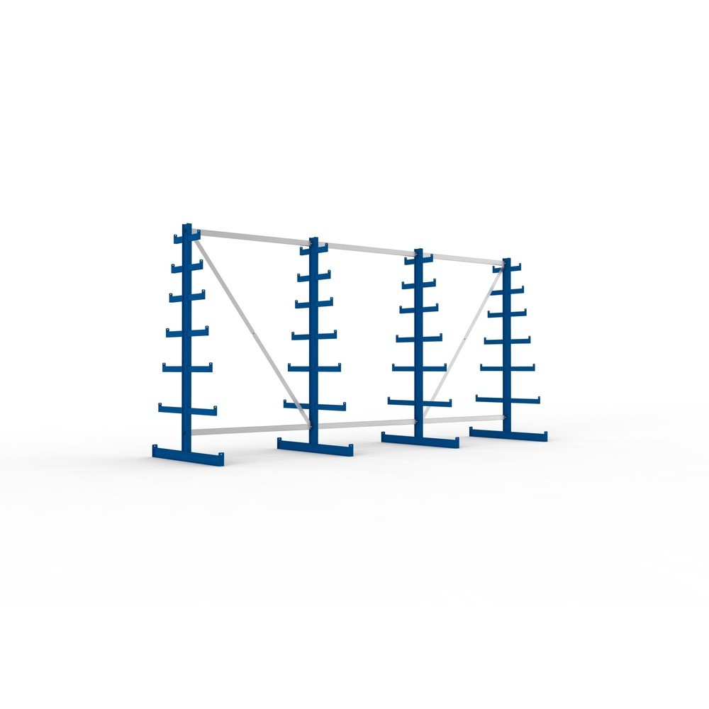 Produktabbildung: META Komplettpaket Kragarmregal, doppelseitig, Tragkraft pro Arm 150 kg, HxBxT 2.000 x 4.105 x 1.090 mm, 4 Ständer
