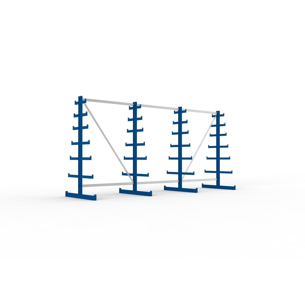 Produktabbildung: META Komplettpaket Kragarmregal, doppelseitig, Tragkraft pro Arm 150 kg, HxBxT 2.000 x 4.105 x 1.090 mm, 4 Ständer