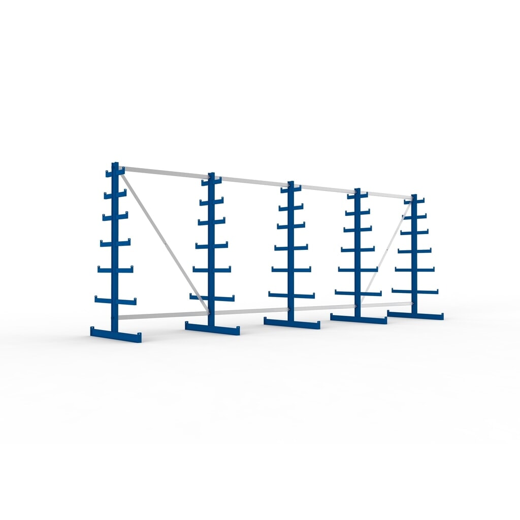 Produktabbildung: META Komplettpaket Kragarmregal, doppelseitig, Tragkraft pro Arm 150 kg, HxBxT 2.000 x 5.455 x 1.090 mm, 5 Ständer