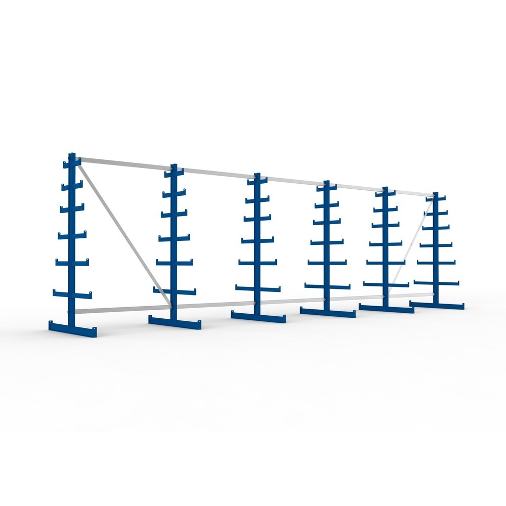 Produktabbildung: META Komplettpaket Kragarmregal, doppelseitig, Tragkraft pro Arm 150 kg, HxBxT 2.000 x 6.805 x 1.090 mm, 6 Ständer
