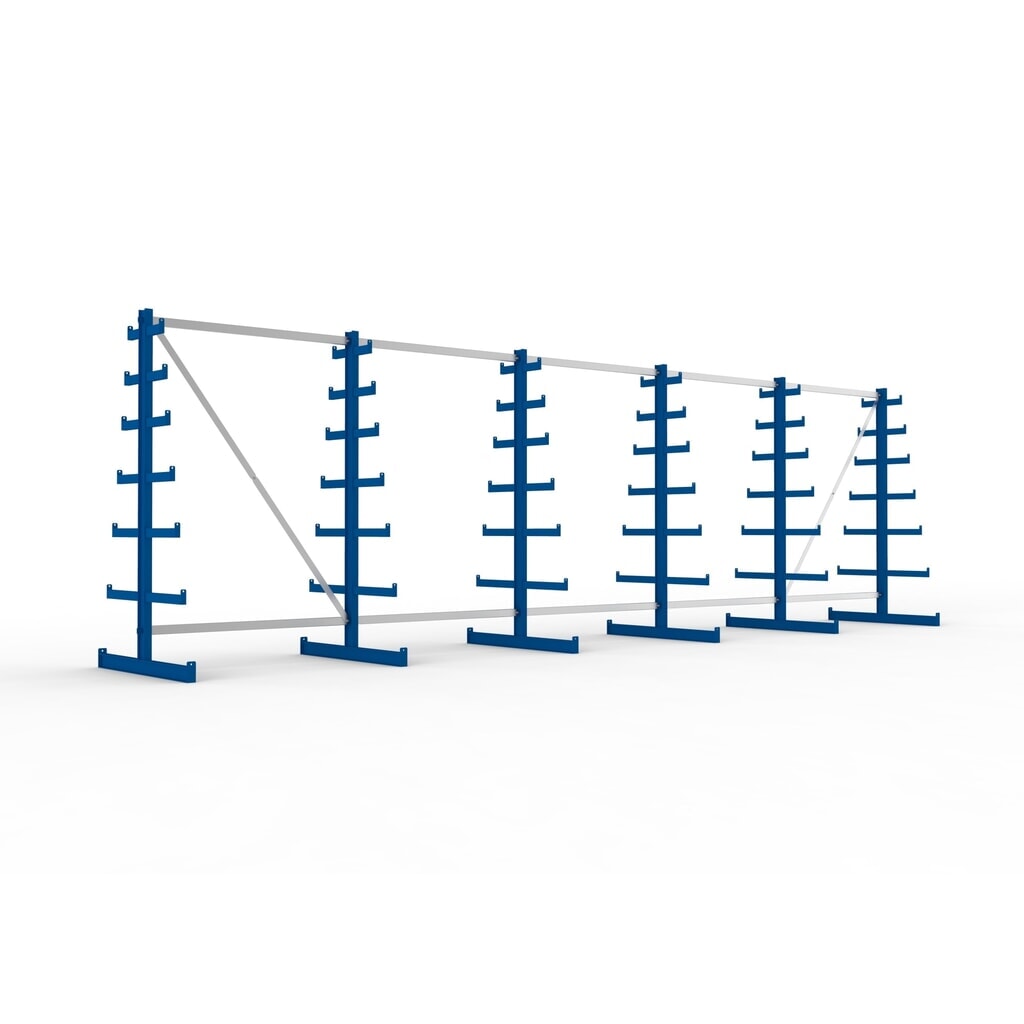 META Komplettpaket Kragarmregal, doppelseitig, Tragkraft pro Arm 150 kg, HxBxT 2.000 x 6.805 x 1.090 mm, 6 Ständer Produktabbildung: META Komplettpaket Kragarmregal, doppelseitig, Tragkraft pro Arm 150 kg, HxBxT 2.000 x 6.805 x 1.090 mm, 6 Ständer