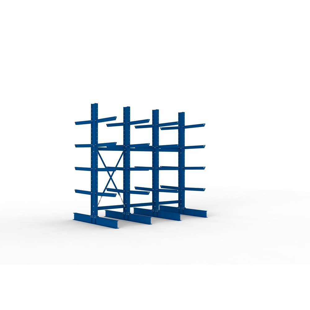 Produktabbildung: META Komplettpaket Schwerlast-Kragarmregal, doppelseitig, Tragkraft pro Arm 630 kg, HxBxT 3.000 x 3.090 x 2.000 mm, 4 Ständer