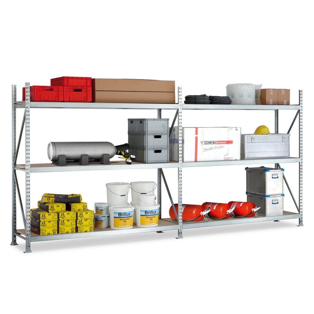 Produktabbildung: META Komplettpaket Weitspannregal, mit Spanplatten, FL 600 kg, HxBxT 2.200 x 3.600 x 650 mm