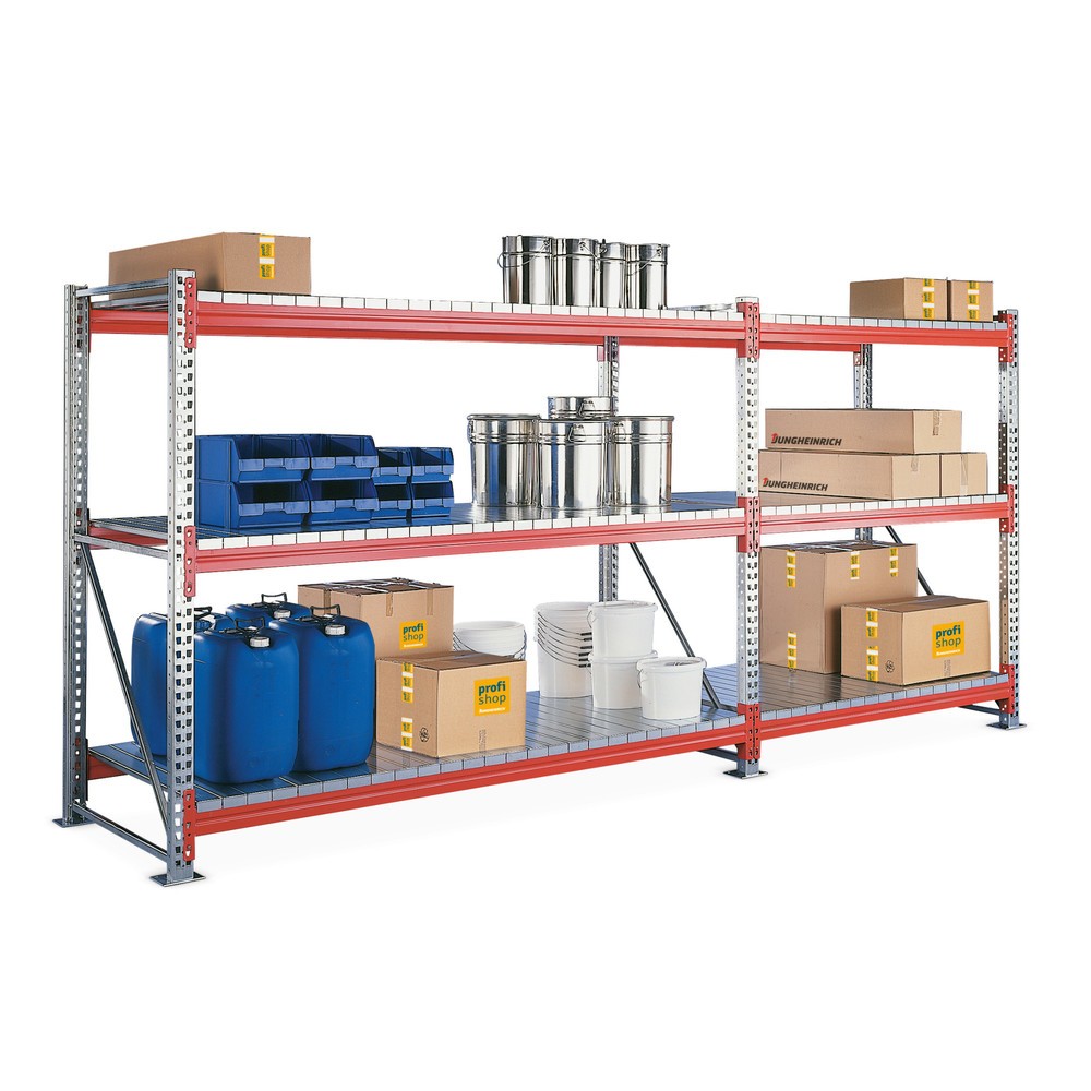 Produktabbildung: META Komplettpaket Weitspannregal, mit Stahlpaneelen, verzinkt/rotorange, HxBxT 2.200 x 3.650 x 800 mm
