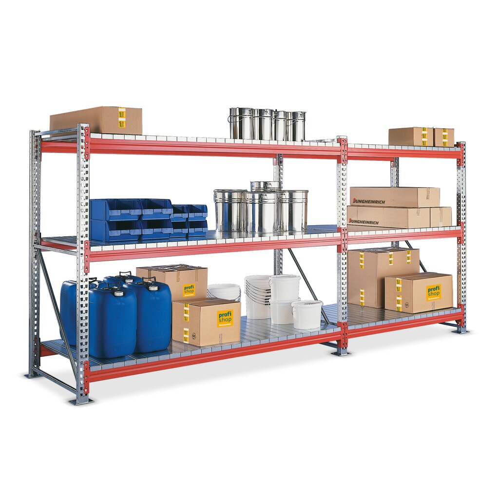 META Komplettpaket Weitspannregal, mit Stahlpaneelen, verzinkt/rotorange, HxBxT 2.200 x 3.650 x 800 mm Produktabbildung: META Komplettpaket Weitspannregal, mit Stahlpaneelen, verzinkt/rotorange, HxBxT 2.200 x 3.650 x 800 mm
