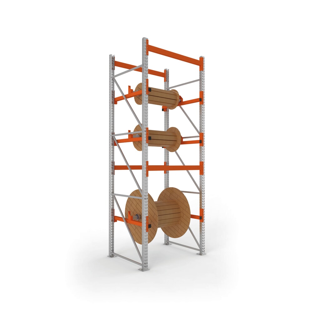 Produktabbildung Nr. 5: META MULTIPAL Kabeltrommelregal Typ 1, GF, HxBxT 2.700 x 900 x 1.100 mm, verzinkt, RAL 2001 rotorange, mit 2 Trommelaufnahmen, ohne Achsen, mit Kabeltrommelauflage