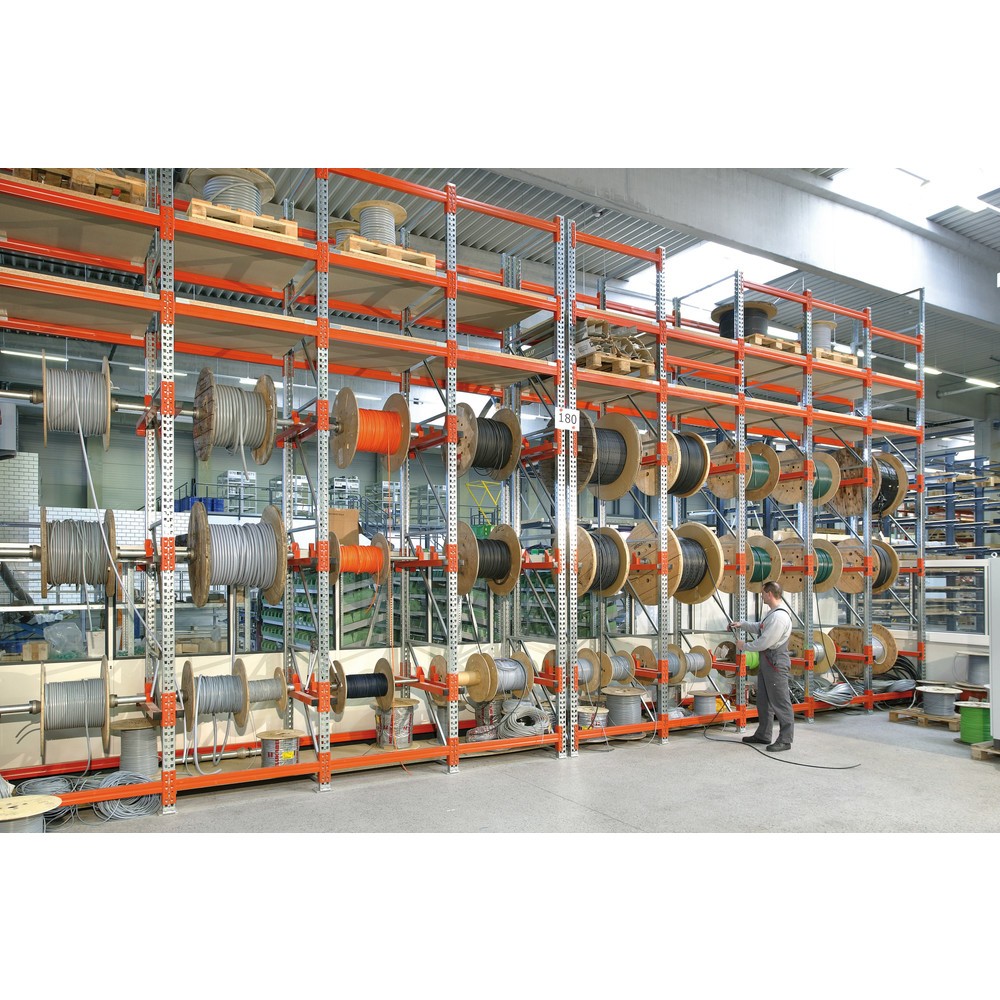 Produktabbildung Nr. 6: META MULTIPAL Kabeltrommelregal Typ 1, AF, HxBxT 2.700 x 1.300 x 1.100 mm, verzinkt, RAL 2001 rotorange, mit 2 Trommelaufnahmen, ohne Achsen, mit Kabeltrommelauflage