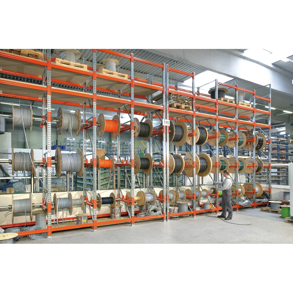 META MULTIPAL Kabeltrommelregal Typ 1, GF, HxBxT 2.700 x 900 x 1.100 mm, verzinkt, RAL 2001 rotorange, mit 2 Trommelaufnahmen, ohne Achsen, mit Kabeltrommelauflage Produktabbildung Nr. 6: META MULTIPAL Kabeltrommelregal Typ 1, GF, HxBxT 2.700 x 900 x 1.100 mm, verzinkt, RAL 2001 rotorange, mit 2 Trommelaufnahmen, ohne Achsen, mit Kabeltrommelauflage