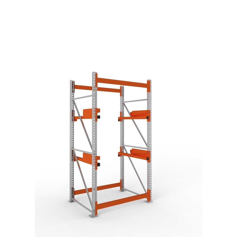 Produktabbildung: META MULTIPAL Kabeltrommelregal Typ 2, GF, HxBxT 2.700 x 1.300 x 1.100 mm, verzinkt, RAL 2001 rotorange, mit 2 Trommelaufnahmen, ohne Achsen, mit Kabeltrommelauflage