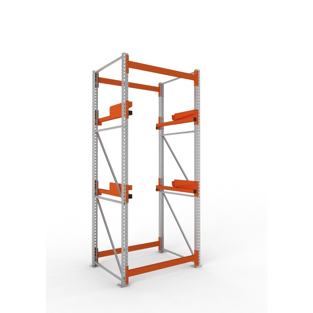 Produktabbildung: META MULTIPAL Kabeltrommelregal Typ 2, GF, HxBxT 3.300 x 1.300 x 1.100 mm, verzinkt, RAL 2001 rotorange, mit 2 Trommelaufnahmen, ohne Achsen, mit Kabeltrommelauflage