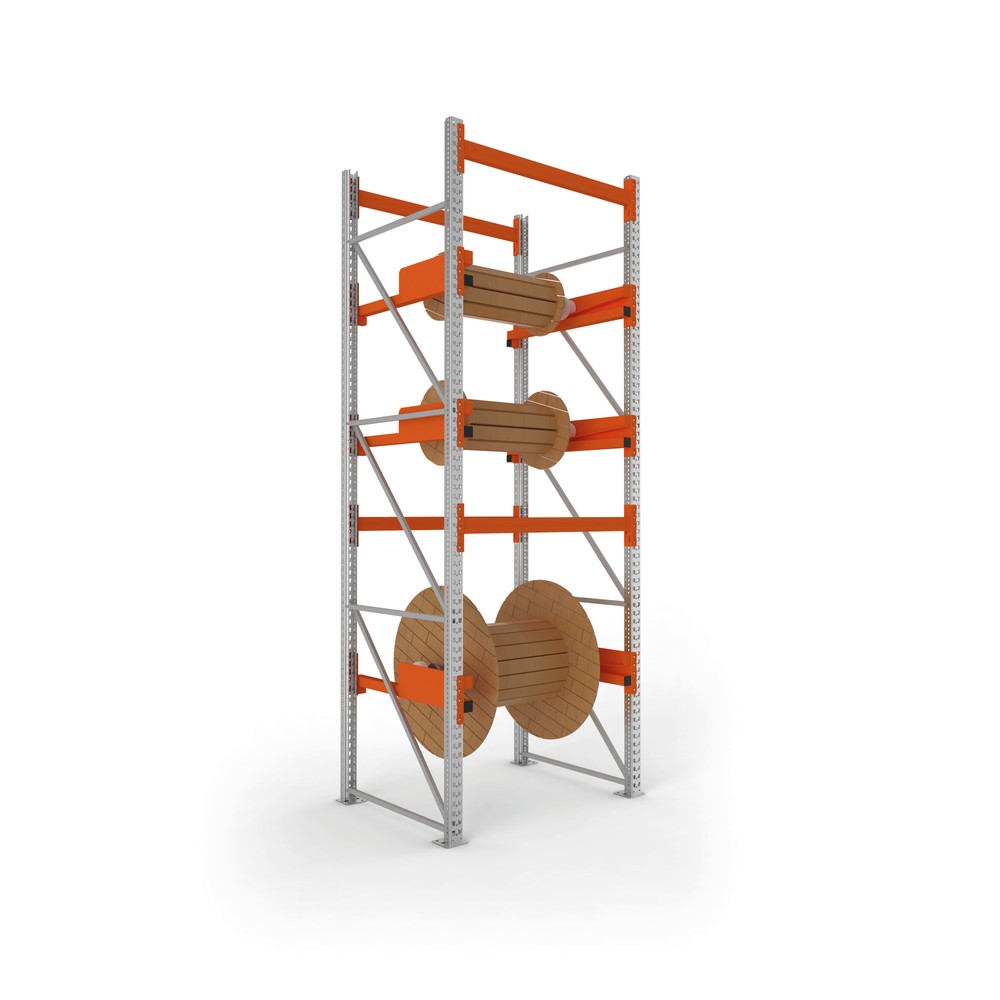 Produktabbildung Nr. 6: META MULTIPAL Kabeltrommelregal Typ 2, GF, HxBxT 3.300 x 1.300 x 1.100 mm, verzinkt, RAL 2001 rotorange, mit 2 Trommelaufnahmen, ohne Achsen, mit Kabeltrommelauflage