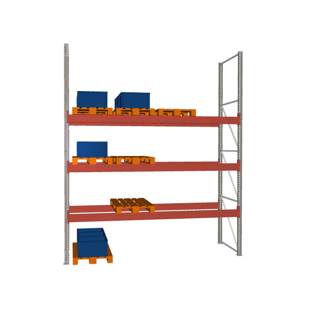 META MULTIPAL Palettenregal Grundfeld, Fachlast 3880 kg, 16 Palettenplätze, HxBxT 4400 x 3800 x 1100 mm Produktabbildung: META MULTIPAL Palettenregal Grundfeld, Fachlast 3880 kg, 16 Palettenplätze, HxBxT 4400 x 3800 x 1100 mm