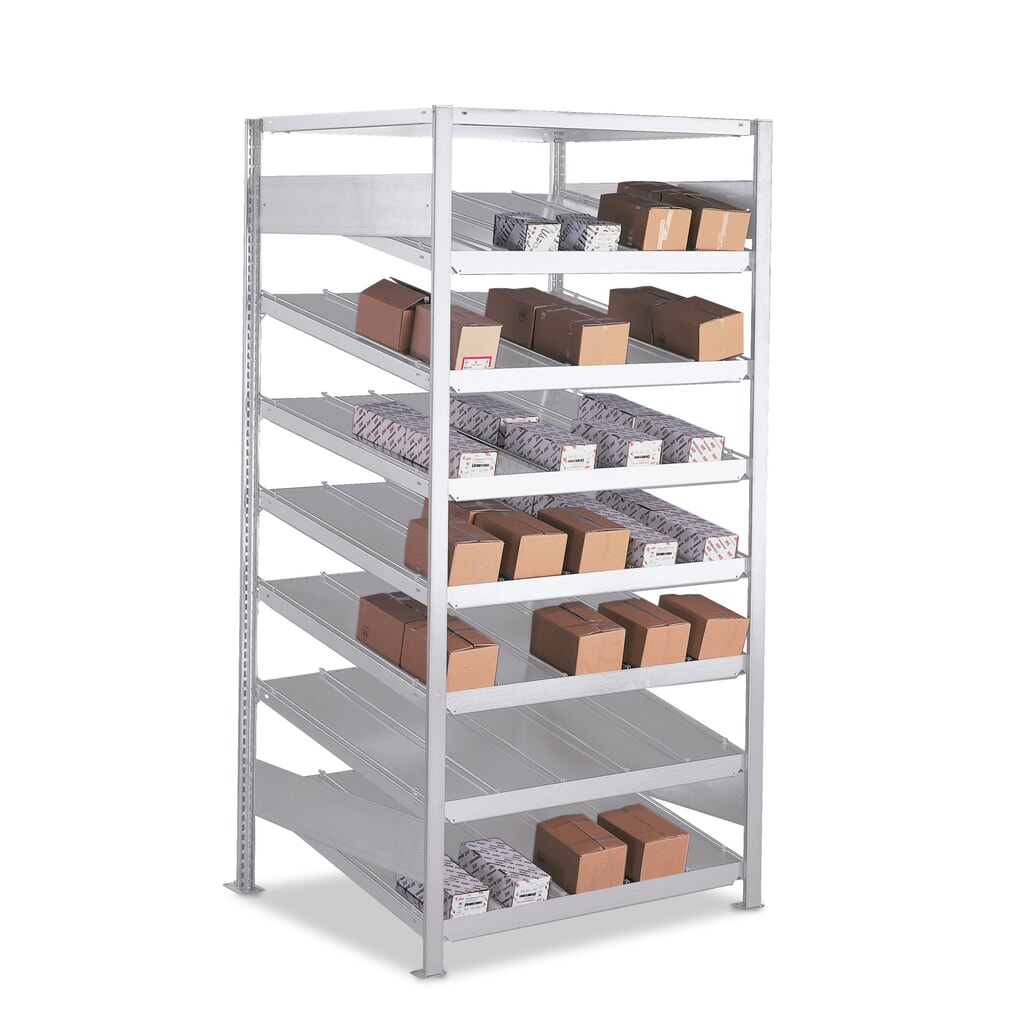 META Schrägbodenregal Grundfeld, einseitig, mit Fachböden, Tiefe 500 mm Produktabbildung: META Schrägbodenregal Grundfeld, einseitig, mit Fachböden, Tiefe 500 mm