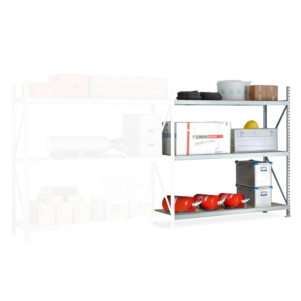 Produktabbildung: META Weitspannregal, mit Spanplatten, FL 600 kg, AF, HxBxT 2.200 x 1.800 x 800 mm