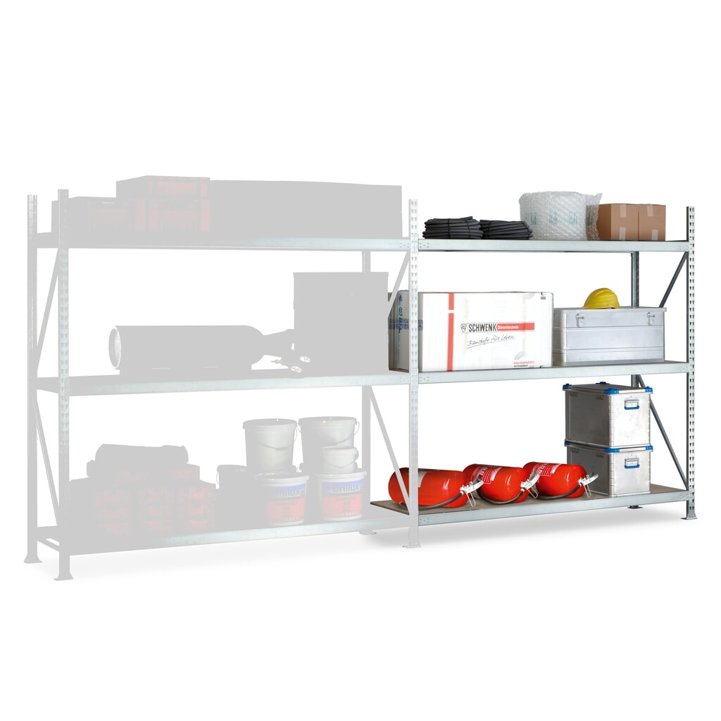 Produktabbildung: META Weitspannregal, mit Spanplatten, FL 600 kg, AF, HxBxT 2.200 x 1.800 x 800 mm