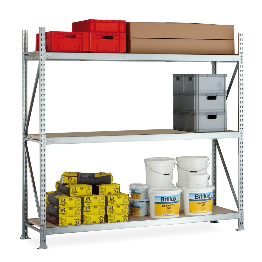 Produktabbildung: META Weitspannregal, mit Spanplatten, FL 600 kg, GF, HxBxT 2.200 x 2.200 x 800 mm