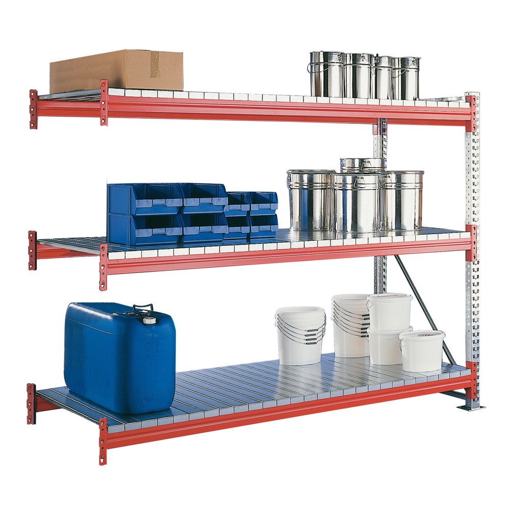 Produktabbildung: META Weitspannregal, mit Stahlpaneelen, AF, verzinkt/rotorange, HxBxT 2.200 x 2.225 x 800 mm