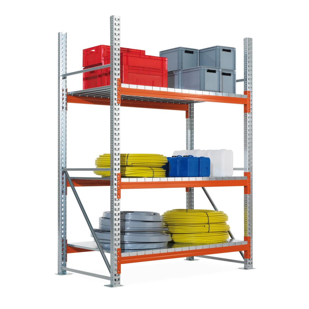 Produktabbildung: META Weitspannregal, mit Stahlpaneelen, GF, verzinkt/rotorange, HxBxT 2.200 x 1.825 x 1.100 mm