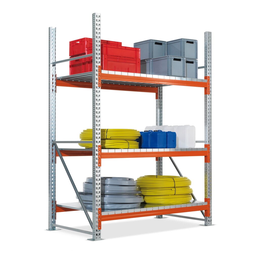 META Weitspannregal, mit Stahlpaneelen, GF, verzinkt/rotorange, HxBxT 2.200 x 1.825 x 800 mm Produktabbildung: META Weitspannregal, mit Stahlpaneelen, GF, verzinkt/rotorange, HxBxT 2.200 x 1.825 x 800 mm