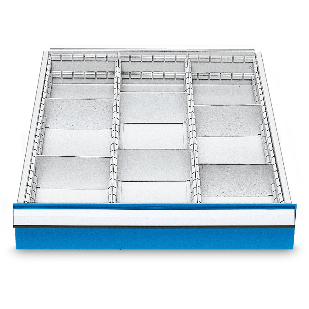 Produktabbildung: Metall-Schubladeneinteilung für Bedrunka+Hirth Reihenwerkbänke, für Fronthöhe 150 mm, 9 Fächer