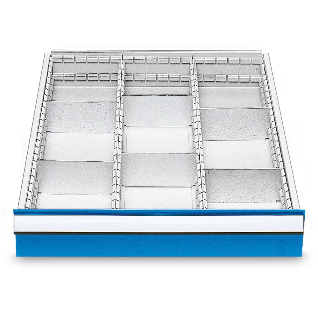 Metall-Schubladeneinteilung für Bedrunka+Hirth Reihenwerkbänke, für Fronthöhe 150 mm, 9 Fächer Produktabbildung: Metall-Schubladeneinteilung für Bedrunka+Hirth Reihenwerkbänke, für Fronthöhe 150 mm, 9 Fächer