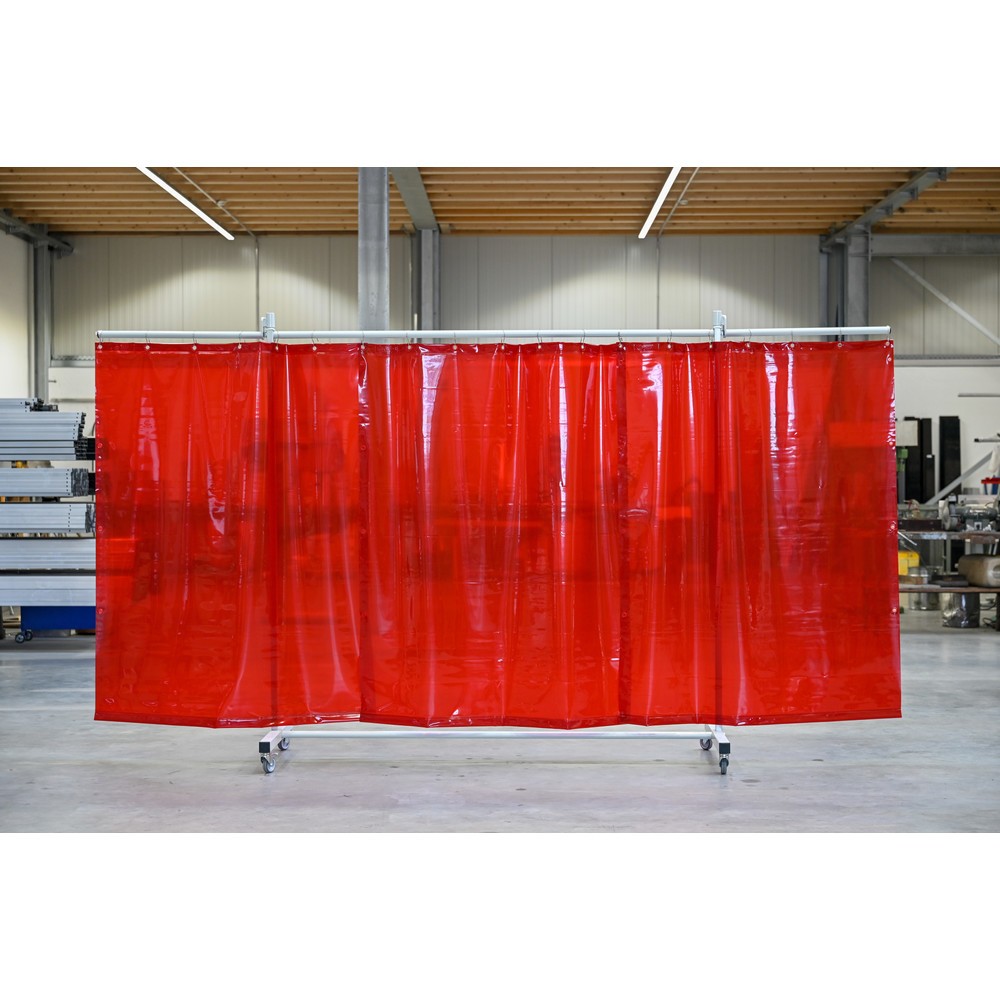 Produktabbildung: Mobile Schutzstellwand mit Schwenkarmen, nach ISO EN 25980 (EN 1598), 3-tlg., Plane 0,4 mm, rot/transparent