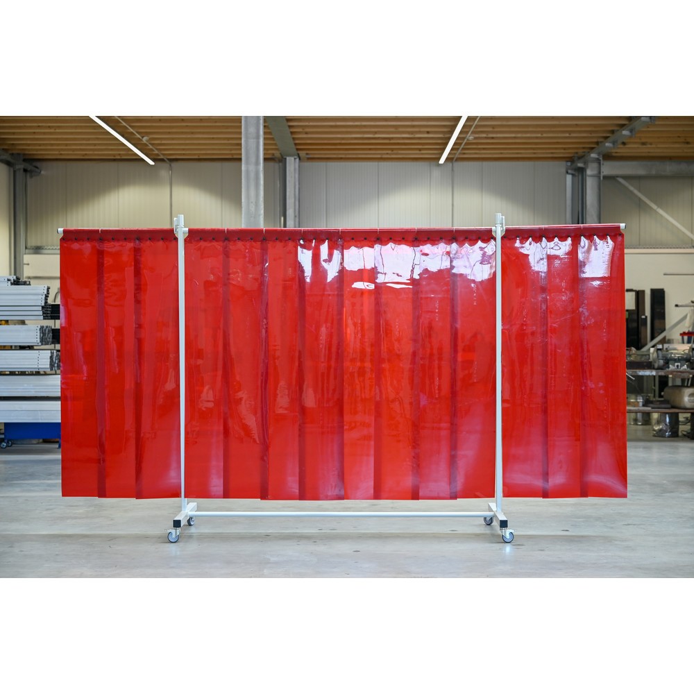 Produktabbildung Nr. 1: Mobile Schutzstellwand mit Schwenkarmen, nach ISO EN 25980 (EN 1598), 3-tlg., Lamellen 2 mm, rot/transparent