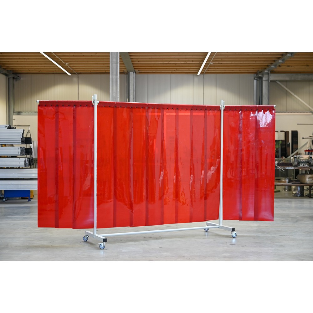 Produktabbildung Nr. 2: Mobile Schutzstellwand mit Schwenkarmen, nach ISO EN 25980 (EN 1598), 3-tlg., Lamellen 2 mm, rot/transparent