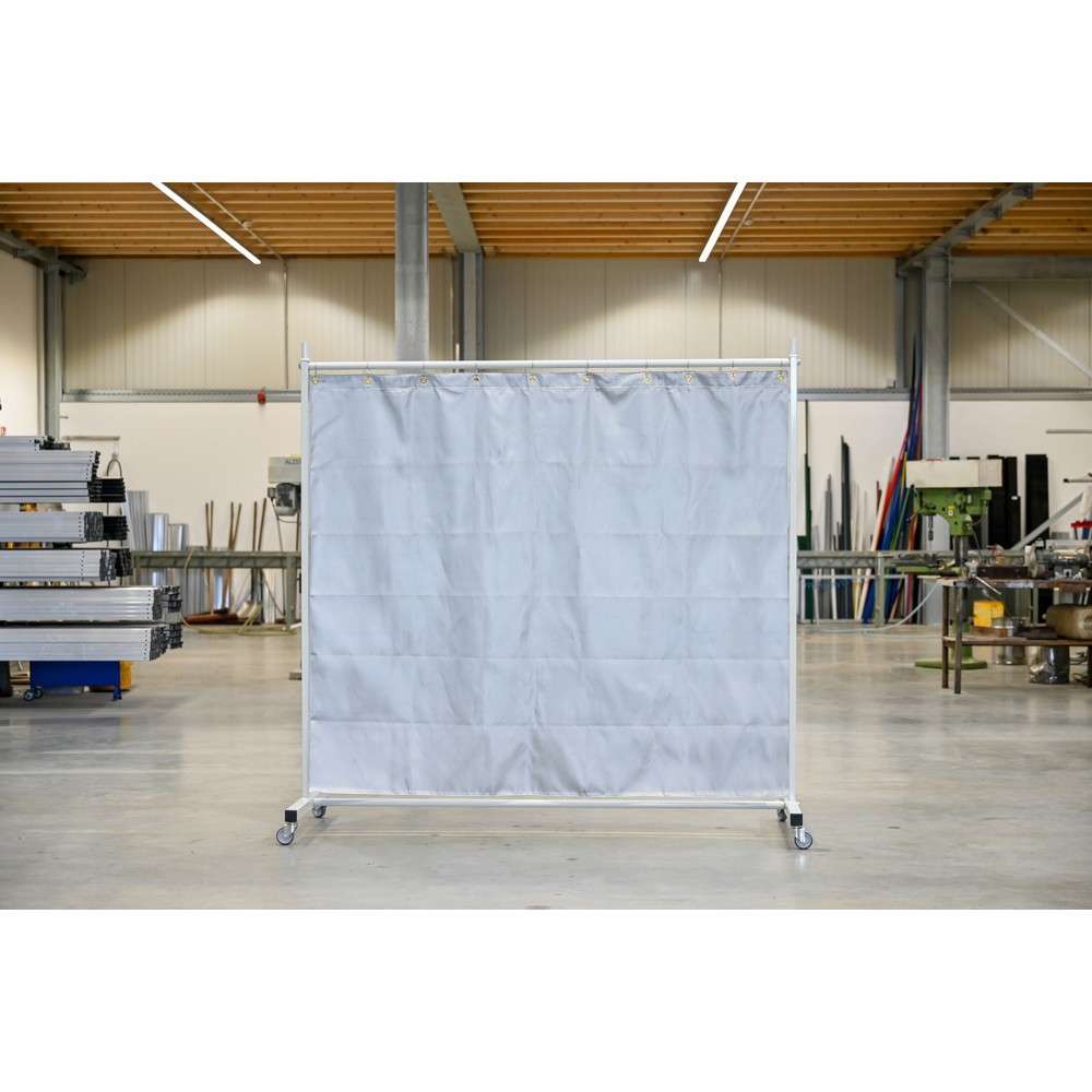 Produktabbildung: Mobile Schutzstellwand, Hitzeschutz-/Spritzerschutzdecke gemäß DIN EN 13501-1, 1-tlg., Lamellen 2 mm, grau/silber