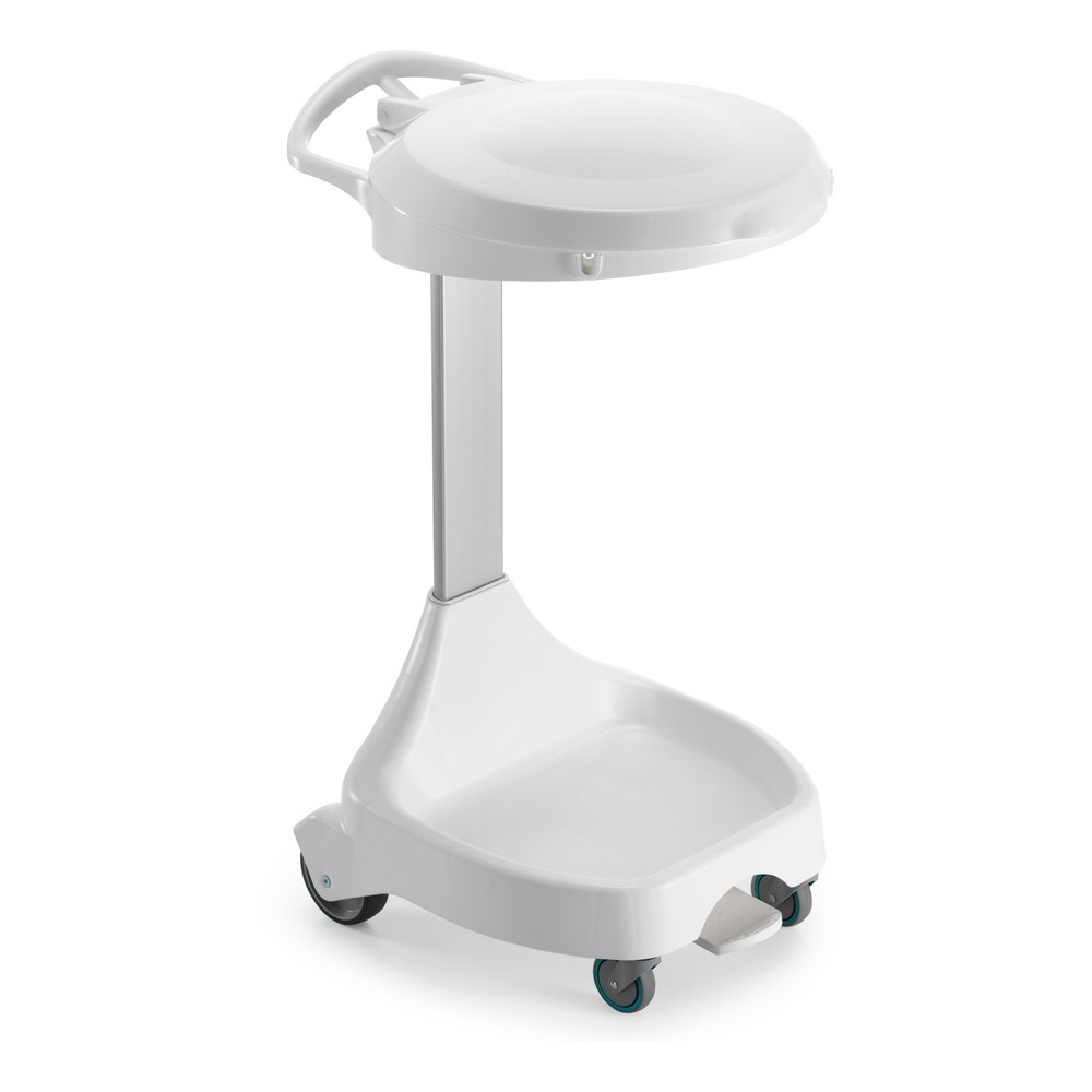Produktabbildung: Mobiler Pedal-Abfallsackhalter Delta I, für 120-Liter-Säcke, 2 Räder + 2 Lenkrollen, Gestell weiß, Deckel blau
