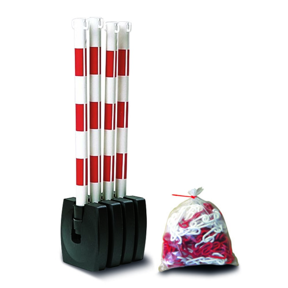 Produktabbildung Nr. 1: MORAVIA Ketten-Warnständer-Set GUARDA-Flex, 4 Ständer + 10 m Kette, rot/weiß