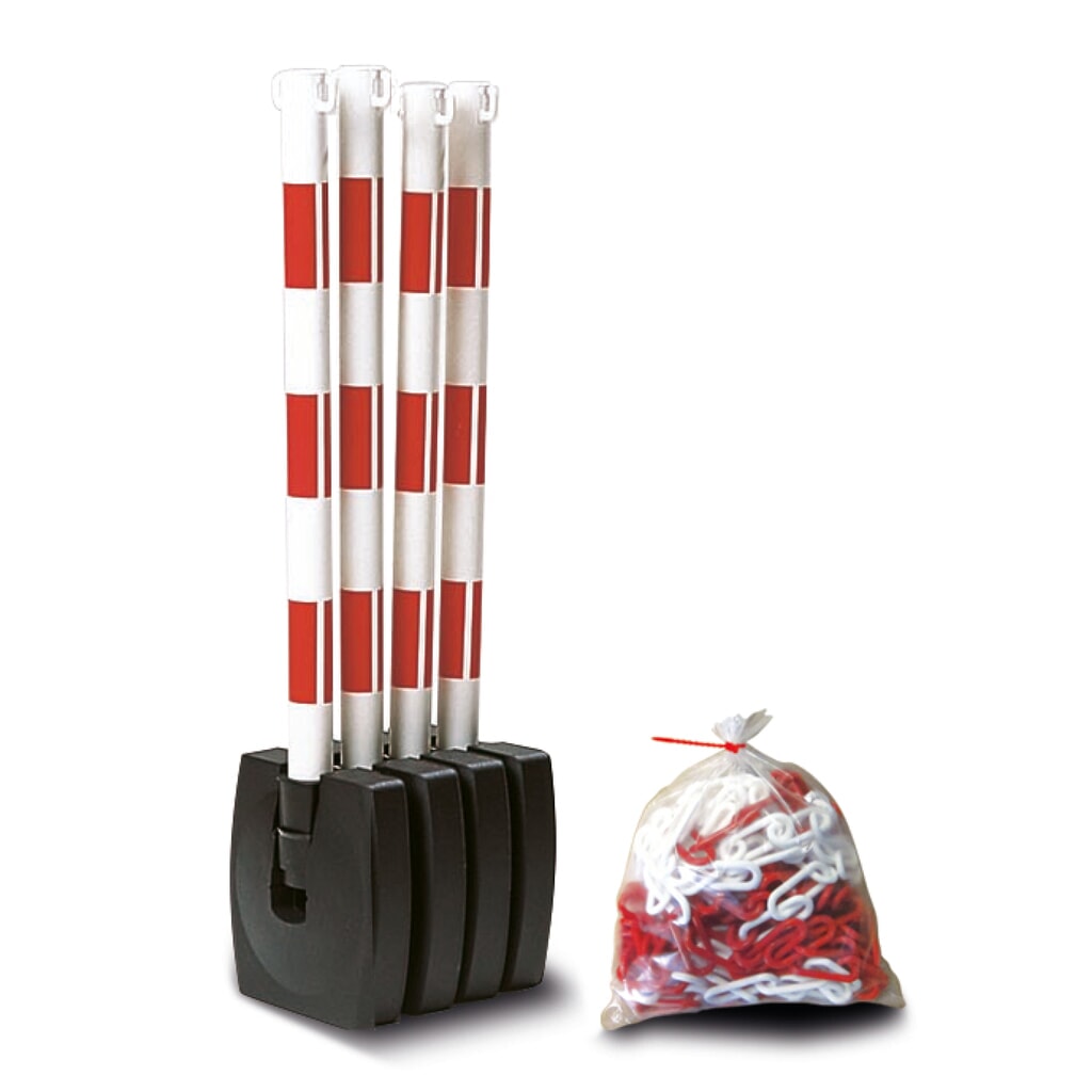MORAVIA Ketten-Warnständer-Set GUARDA-Flex, 4 Ständer + 10 m Kette, rot/weiß Produktabbildung Nr. 1: MORAVIA Ketten-Warnständer-Set GUARDA-Flex, 4 Ständer + 10 m Kette, rot/weiß