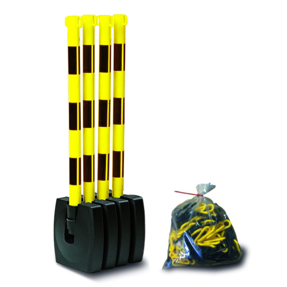 Produktabbildung: MORAVIA Ketten-Warnständer-Set GUARDA-Flex, 4 Ständer + 10 m Kette, schwarz/gelb