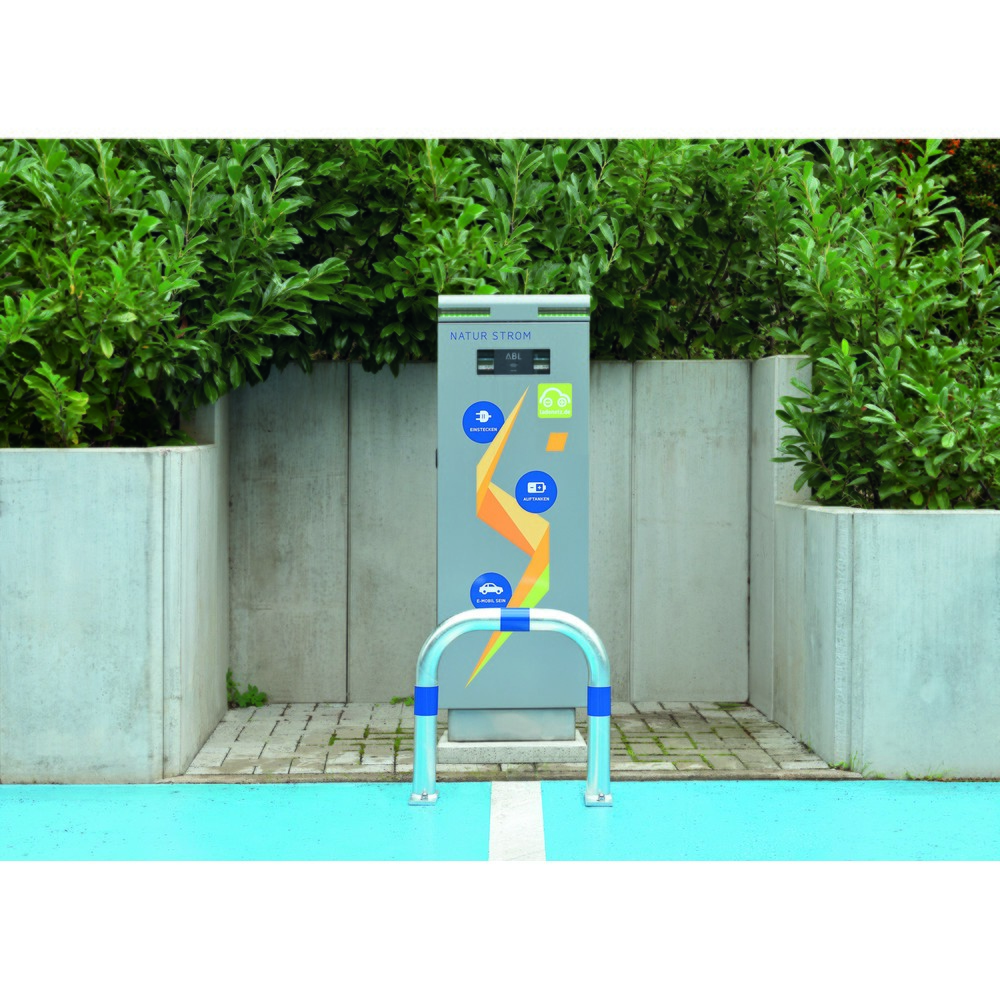 Produktabbildung Nr. 2: MORAVIA Schutzbügel für Ladesäulen, Ø 60 mm, BxH 360 x 500 mm, zum Einbetonieren, blaue Reflexringe