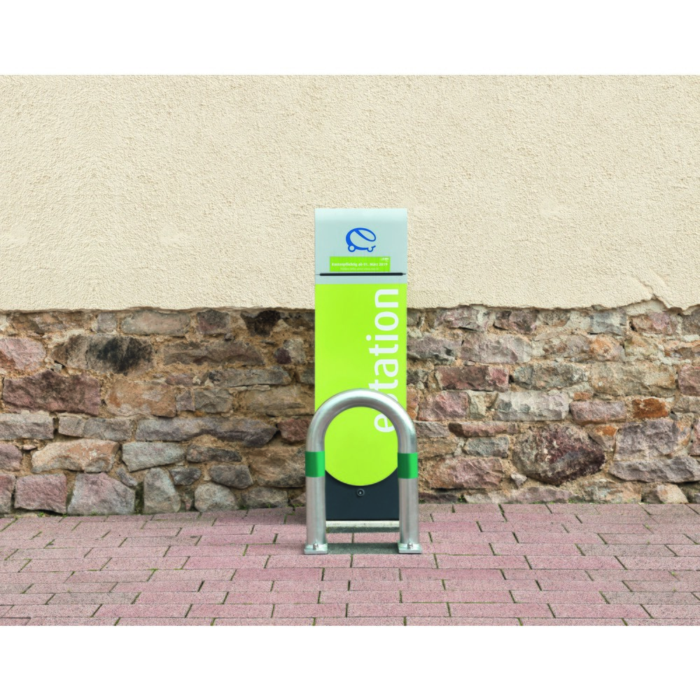 Produktabbildung Nr. 3: MORAVIA Schutzbügel für Ladesäulen, Ø 60 mm, BxH 360 x 500 mm, zum Einbetonieren, blaue Reflexringe