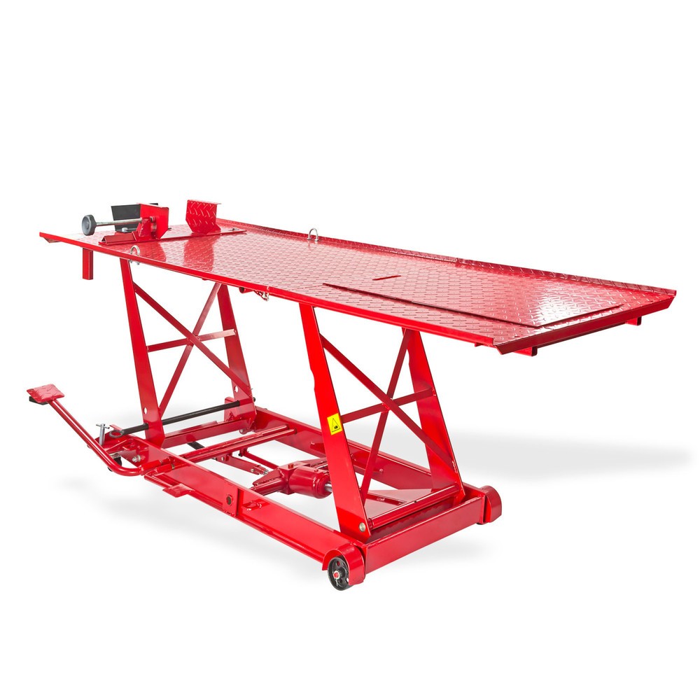 Produktabbildung: Motorrad-Montagerampe DMR1000, hydraulisch, TK 454 kg, Hubhöhe 170-780 mm, LxB 2.200/2.800 x 680 mm