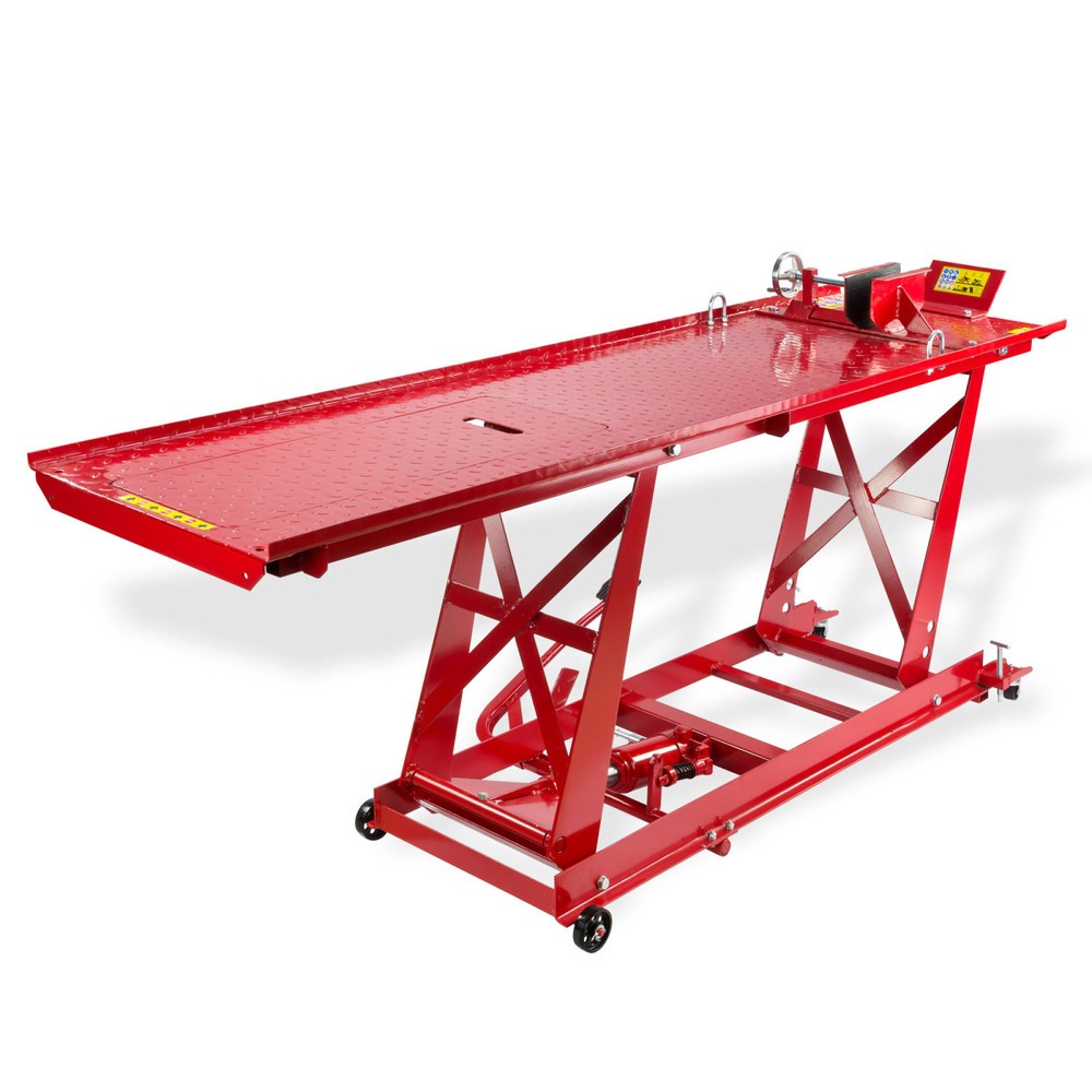 Produktabbildung: Motorrad-Montagerampe, hydraulisch, TK 450 kg, Hubhöhe 180-840 mm, LxB 2.060/2.740 x 720 mm