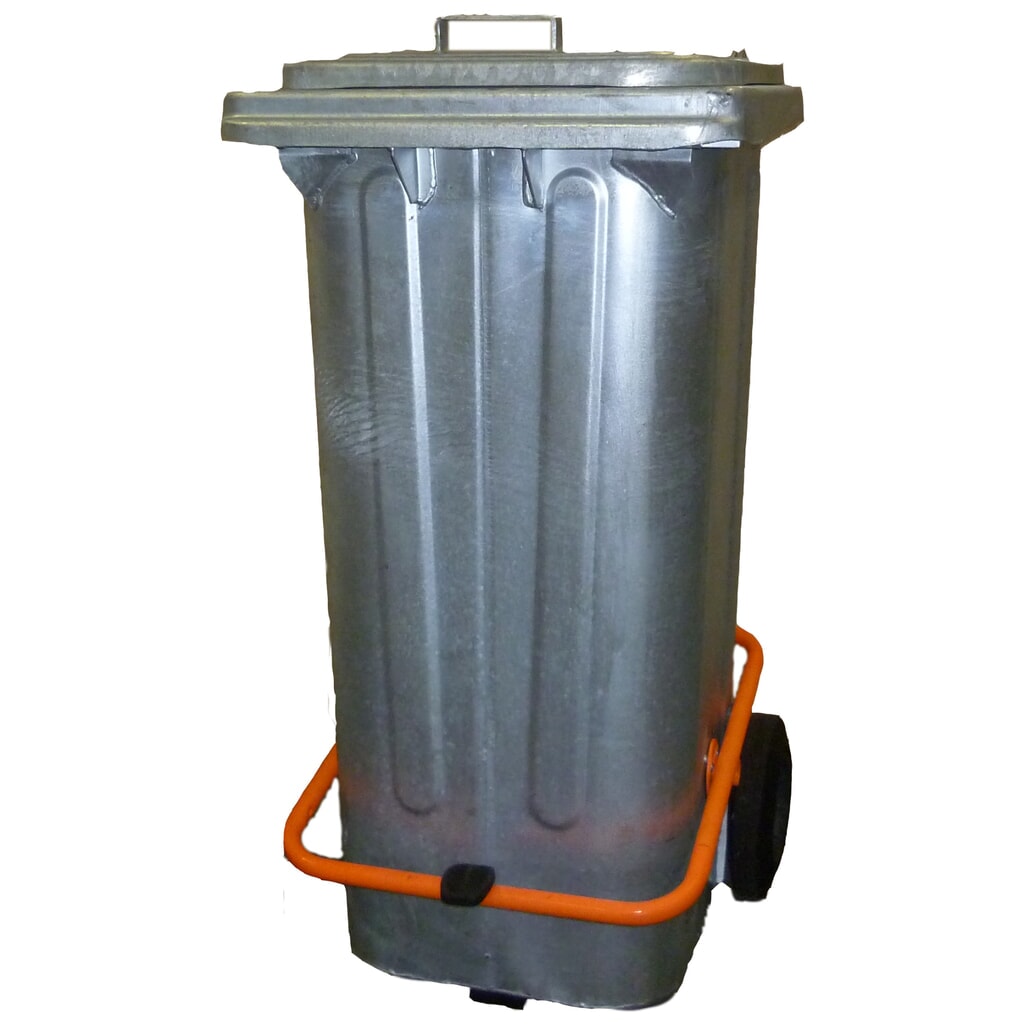 Mülltonne aus feuerverzinktem Stahlblech, 120 Liter, mit Rollen u. Tretvorrichtung Produktabbildung Nr. 1: Mülltonne aus feuerverzinktem Stahlblech, 120 Liter, mit Rollen u. Tretvorrichtung