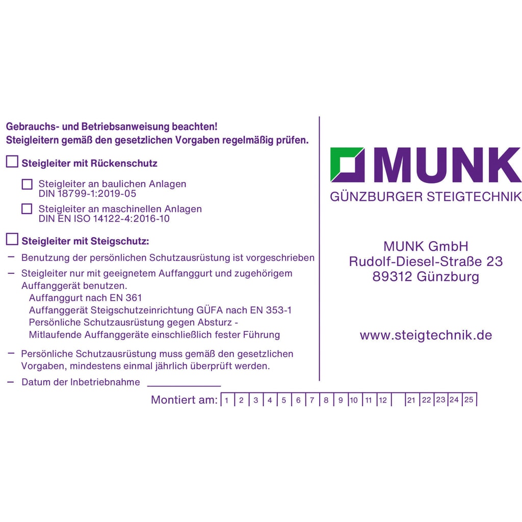 Produktabbildung: Munk Kennzeichnungsschild für Steigschutzeinrichtung f. Steigschutz