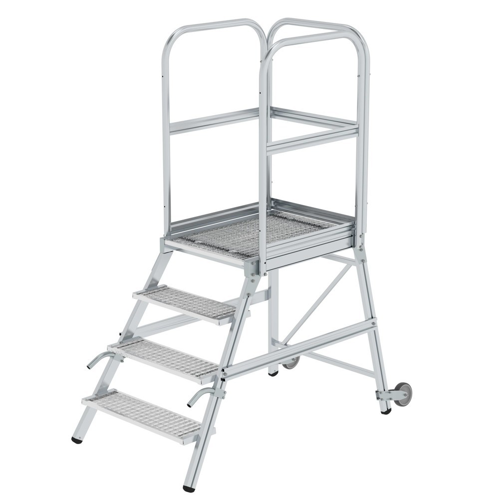 Produktabbildung: Munk Podesttreppe eins. begehbar mit Rollen und Griffen Stahl-Gitterrost 4 Stufen