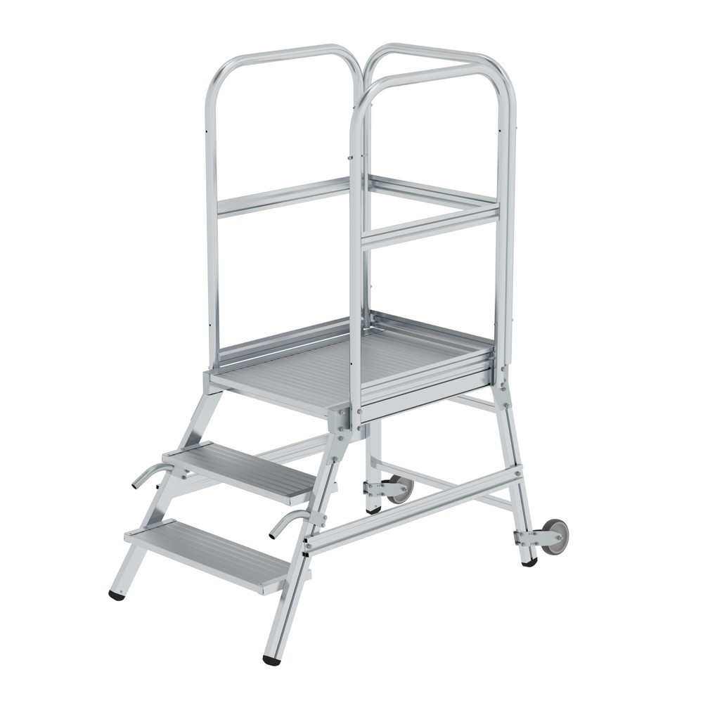 Produktabbildung: Munk Podesttreppe einseitig begehbar mit Rollen und Griffen Aluminium geriffelt 3 Stufen