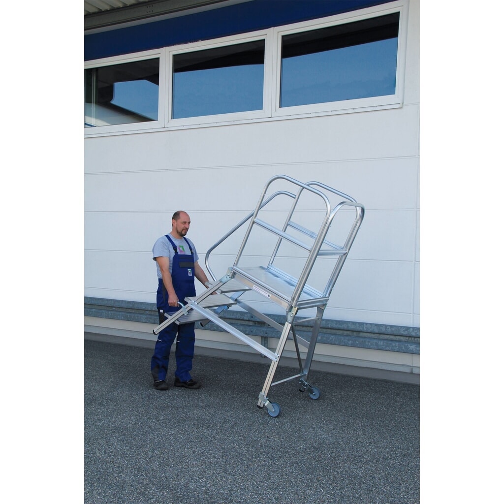 Produktabbildung Nr. 2: Munk Podesttreppe einseitig begehbar mit Rollen und Griffen Aluminium geriffelt 3 Stufen