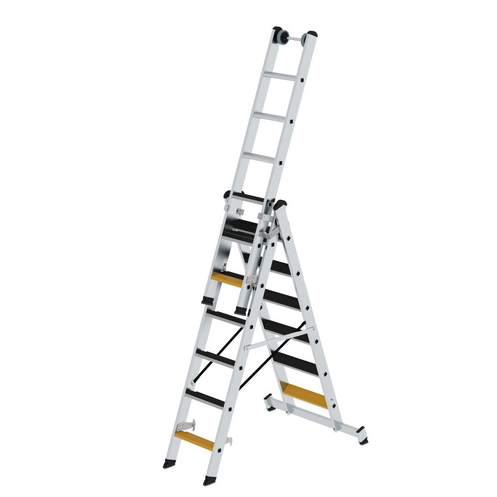 Produktabbildung: Munk Stufen-Mehrzweckleiter 3-teilig mit nivello®-Traverse und clip-step R13 3x6 Stufen