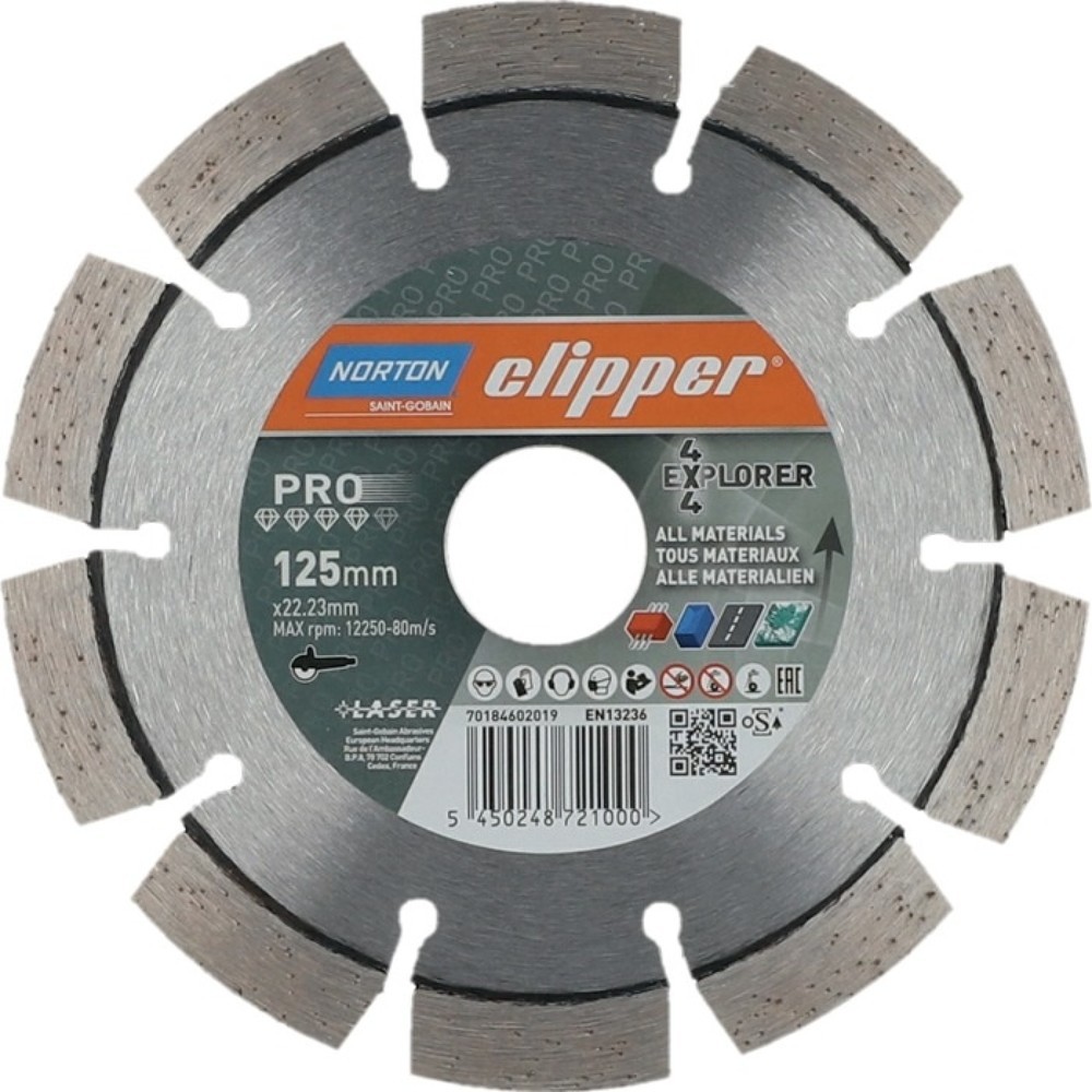 Produktabbildung: NORTON CLIPPER Diamanttrennscheibe 4 x 4 Explorer, Durchmesser 125 mm Bohrung 22,23 mm, für Winkelschleifer