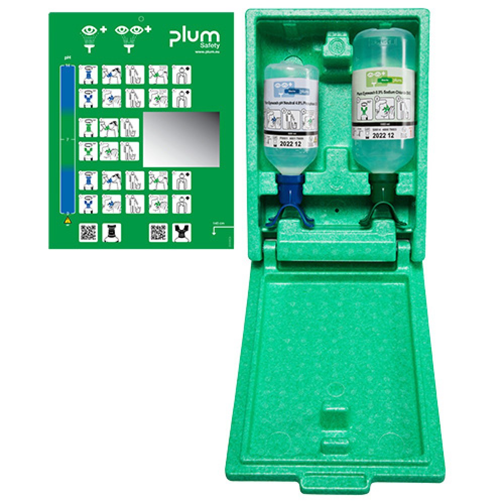 Produktabbildung: B-Safety Notfallstation plum DUO in staubdichter Wandbox mit Spiegel, Natriumchloridlösung 1.000 ml, Phosphatpufferlösung 500 ml